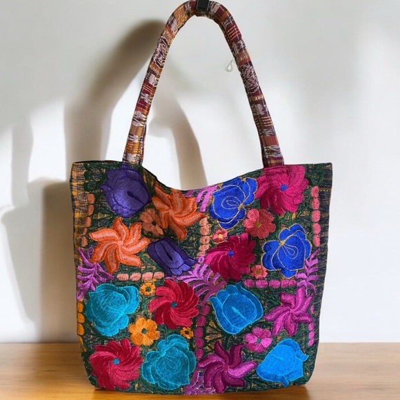 Handbags - Handmade Embroidered Floral Tote Artsy Colorful Casual, Oversized 15” x 10”